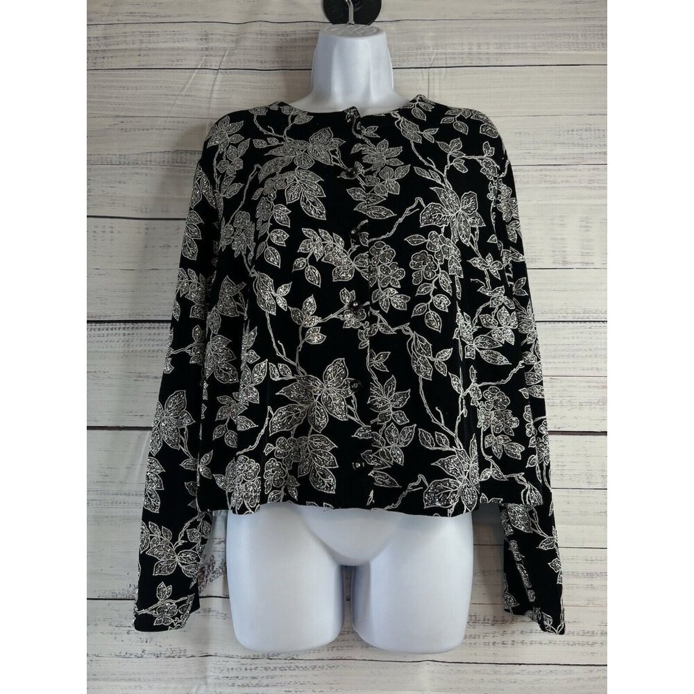 Ronni Nicole II Ouida black silver glitter floral button blouse 18W Whimsigoth